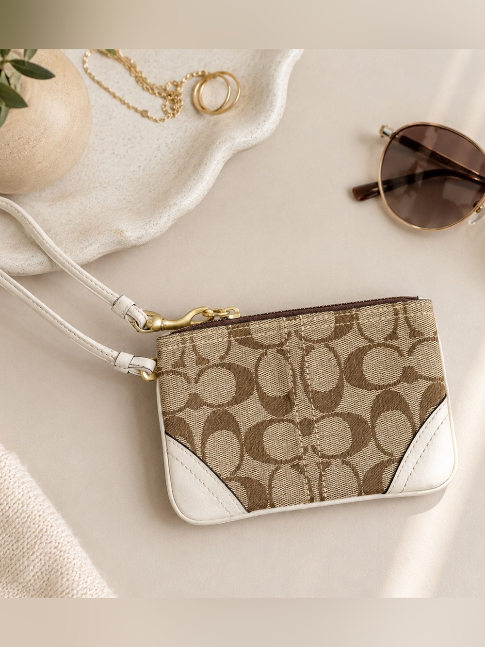 Coach Vintage Signature Wristlet Brown Beige Monogram Y2K